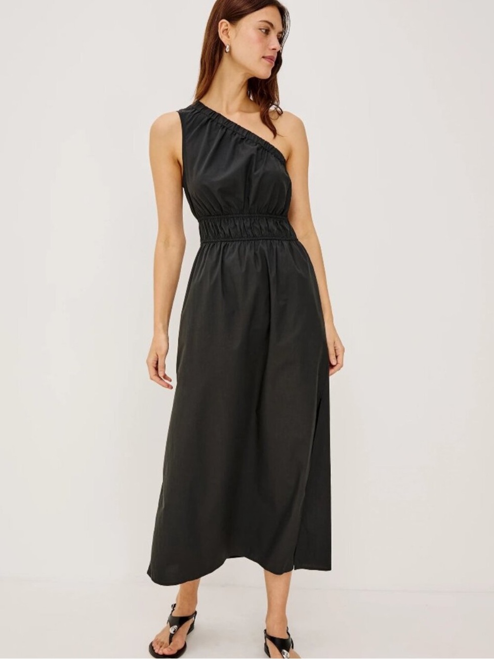 NWT Rails One-Shoulder Black Midi Dress with Smocked Waist